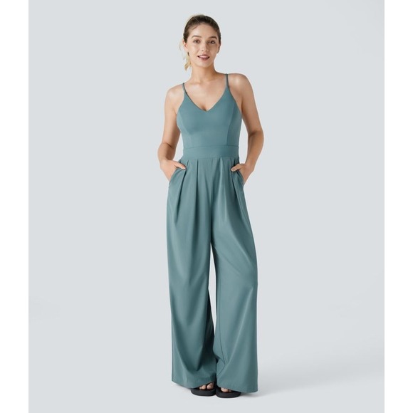 HALARA Pants - Halara Breeze Jumpsuit Size L Teal Blue Wide Leg Pockets Cross Back‎ Sleeveless